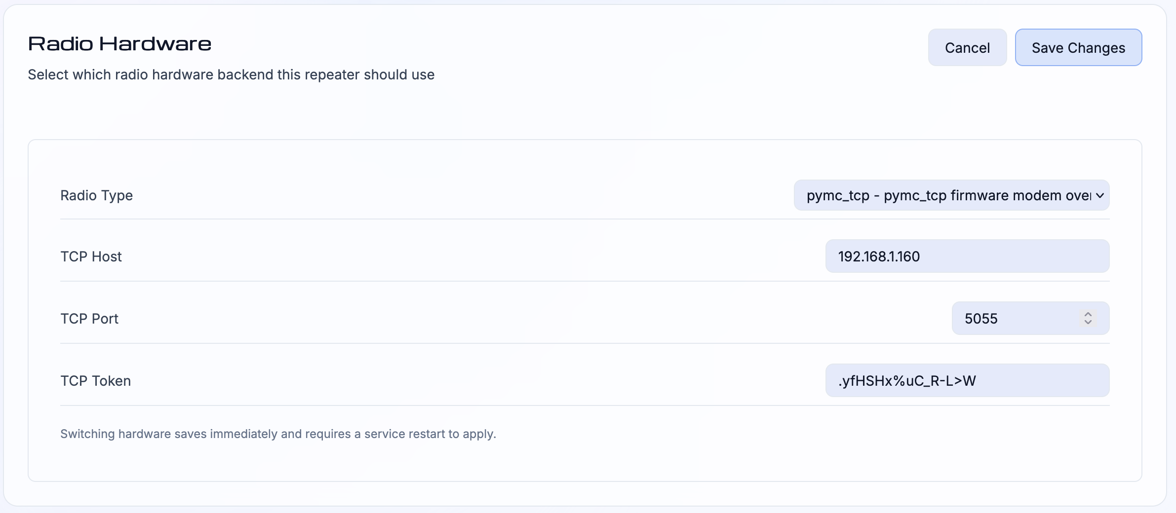 Screen capture of openHop's Radio Hardware configuration page with pymc_tcp selected, a tcphost of 192.168.1.160 and a tcp port of 5055. There is a token specified, which I won't include here because it was randomized for the screenshot anyway.